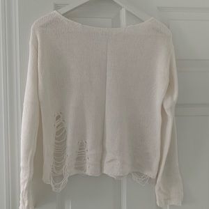 White distressed soft knit wide neck sweater